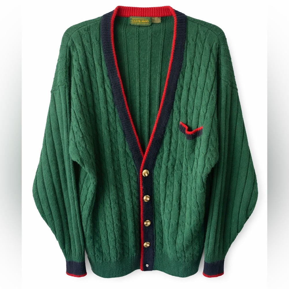 Vintage 1990’s Cable Knit Cardigan – Green with Red & Navy Trim (Club 1440 )